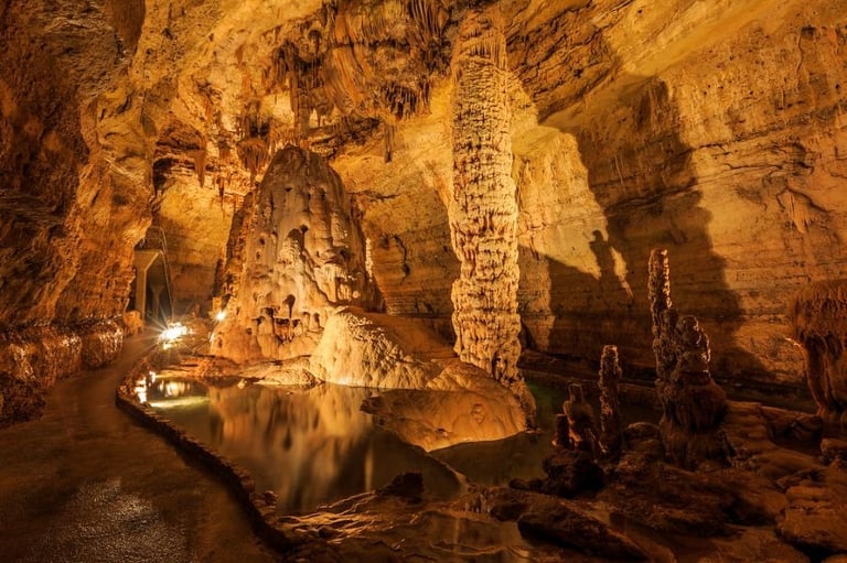 A well-lit chamber inside the Natural Bridge Caverns near San Antonio