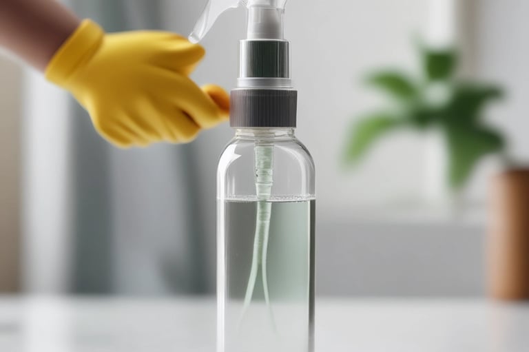 A collection of eco-friendly cleaning products and personal care items laid out on a flat surface. The composition includes bottles of cleaning sprays with silver metallic finishes, glass bottles of essential oils, wooden toothbrushes, a rectangular bar of natural soap, and various cleaning brushes with wooden handles. The arrangement is visually appealing, with shadows adding depth and texture.