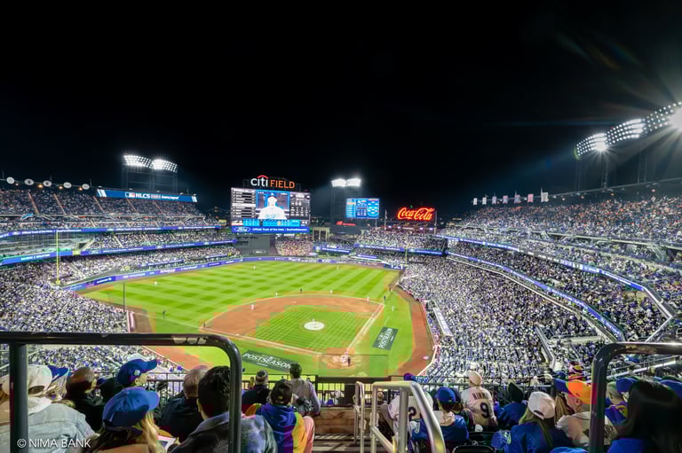 panoramic view of citifield and mets fans overlooking the scoreboard during nlcs