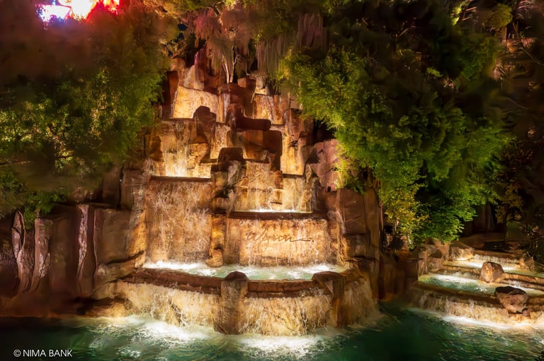 water flowing down the waterfall at the wynn hotel las vegas