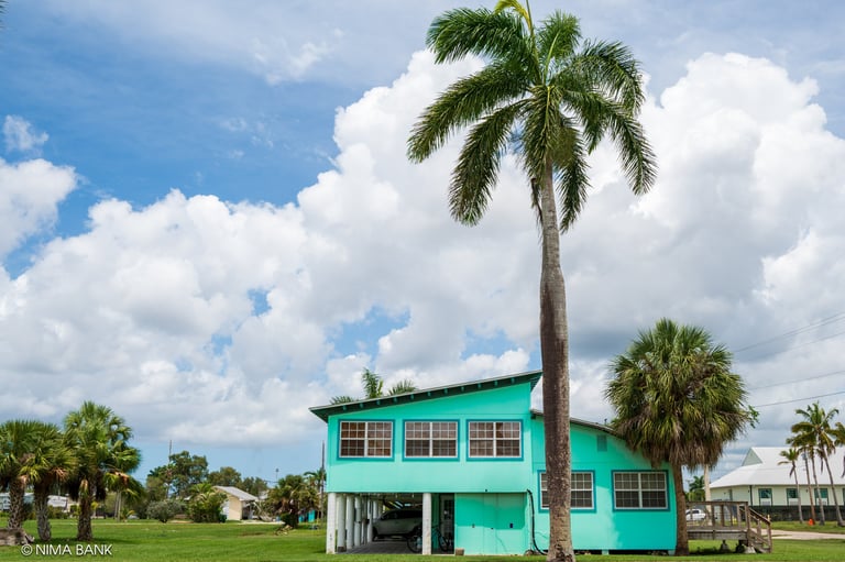 an old pastel green home with a large palm tree and blue clouded skies in everglades city florida