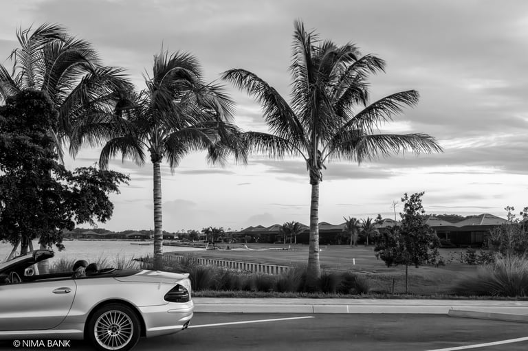 a convertible mercedes sl55 amg parked in front of palm trees and a lake in wildblue resort estero 