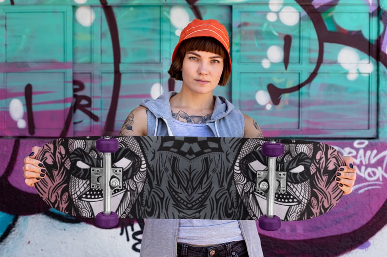 a woman holding a skateboard in front of a graffiti - covered wall
