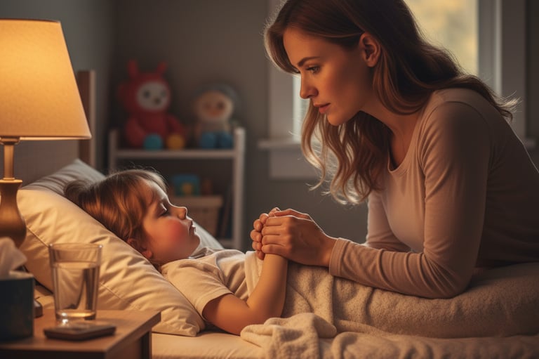 A mother caring for her child during illness, representing lifelong devotion and love.