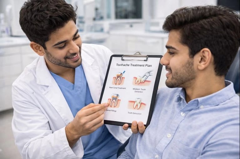 Dentist explaining toothache treatment plan to patient