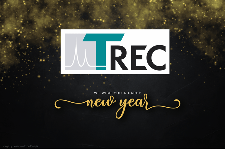 TREC logo with a Happy New Year message over a black background with festive gold bokeh lights.