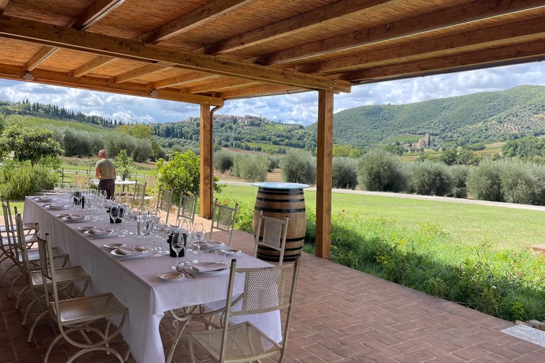 Déjeuner d'entreprise dressé sous la pergola, vue panoramique sur les collines d