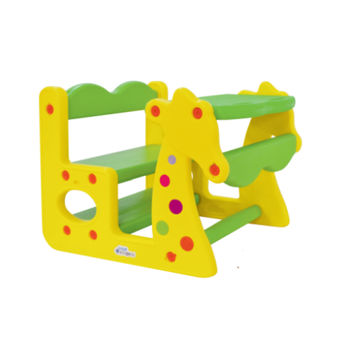 a toy horse and a wooden bench with a green and yellow horse