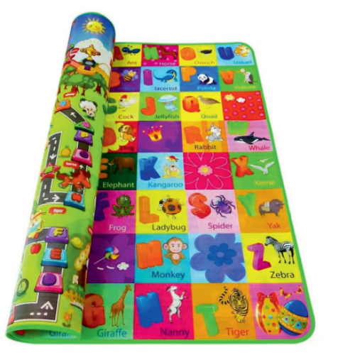 a colorful children's play mat with a roll up of alphabets