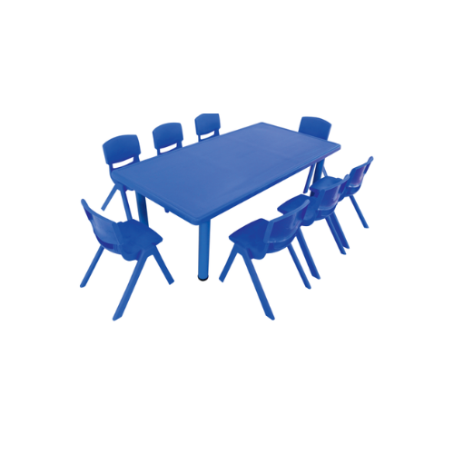 a blue table with chairs and a table