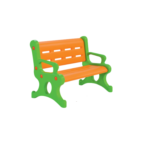 a green and orange bench with a wooden bench and a green bench