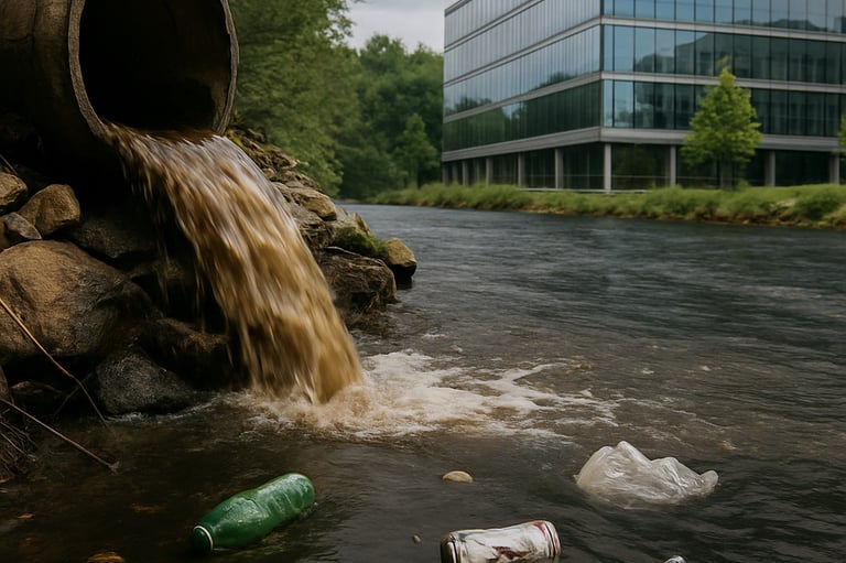 Tubería industrial vertiendo residuos en un río contaminado junto a un edificio de oficinas moderno.