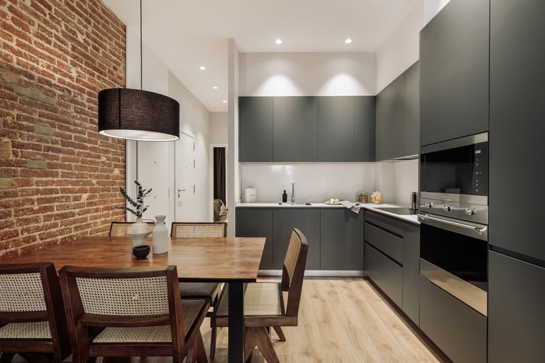 Integrated modern kitchen with modern design elements and lighting