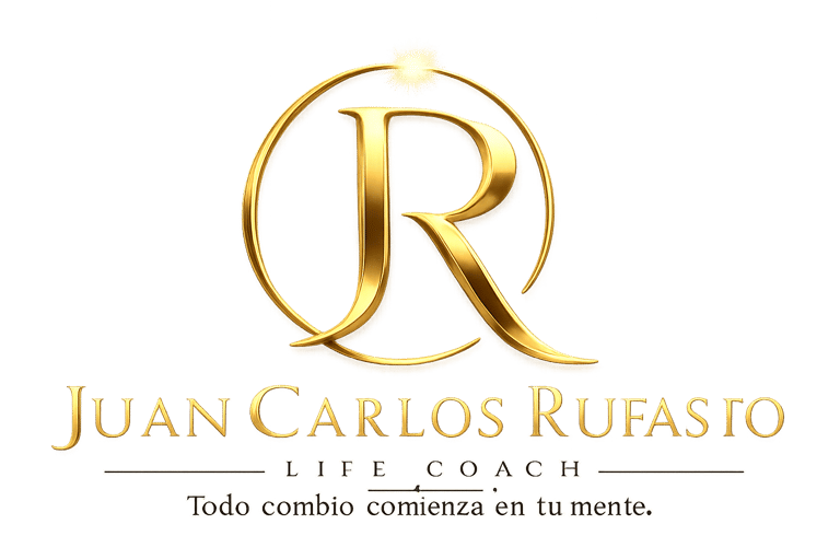 Elegant gold logo for life coach Juan Carlos Rufasto featuring a metallic JR monogram on black.