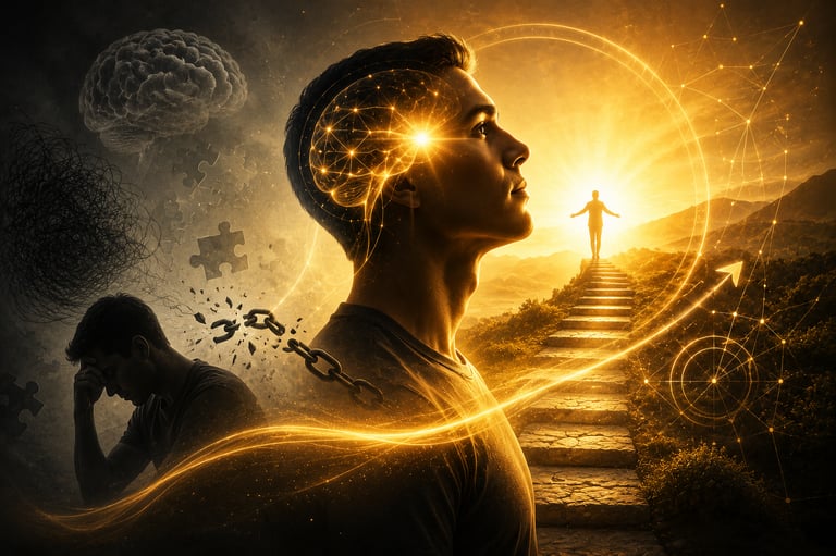 Conceptual art of a man overcoming mental blocks and achieving enlightenment through mindfulness and brain health.
