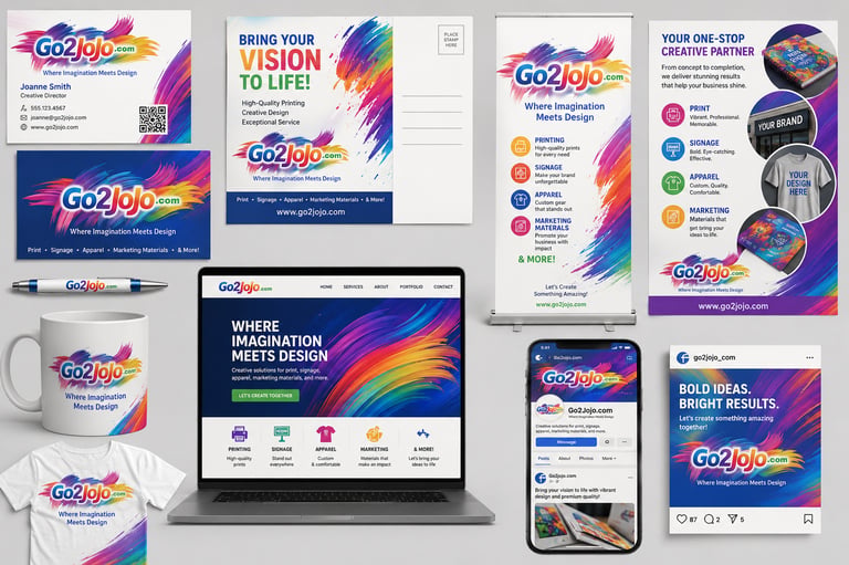 Go2Jojo branding kit showing business cards, website, t-shirt, and marketing materials with colorful paint splash design.