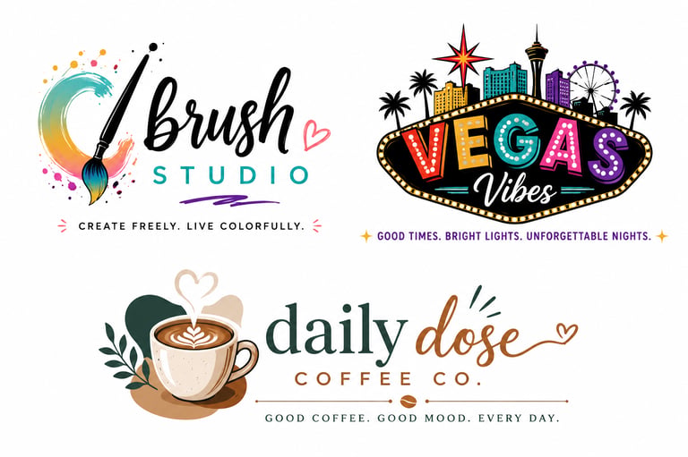 Collection of three creative logos for a brush studio, Vegas vibes travel, and a daily dose coffee company.