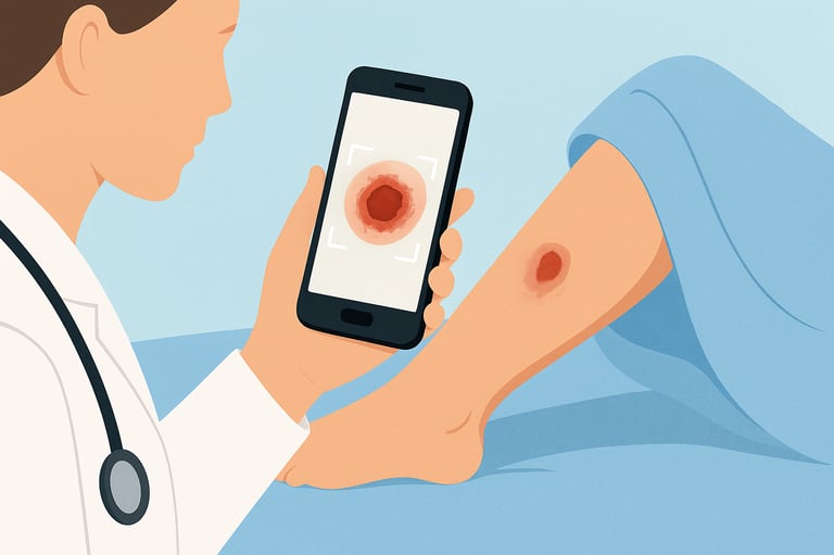 a medical professional digitally analyzing a chronic wound on a smart device