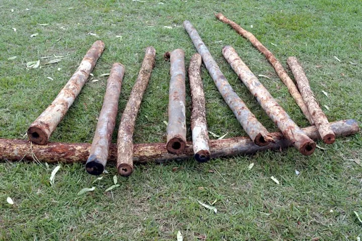 a number of didgeridoo blanks laying on another didgeridoo blank on grass.