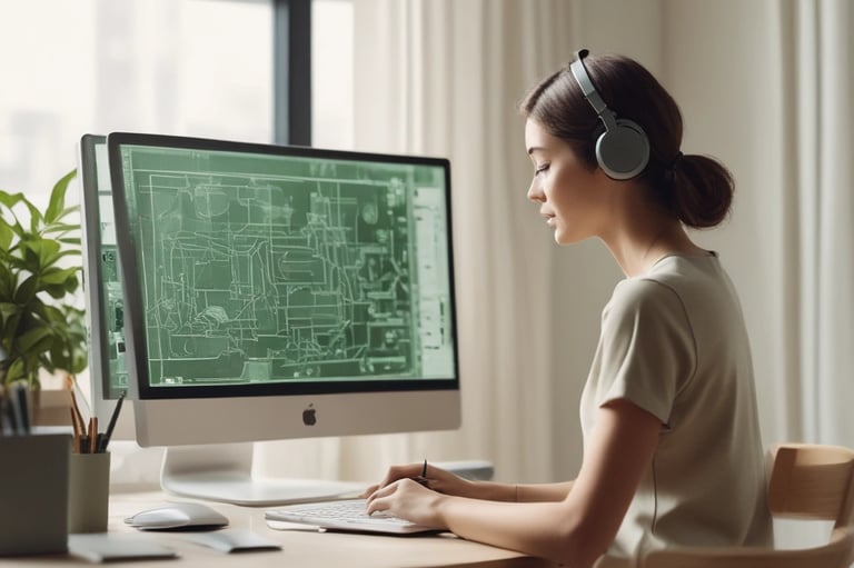 a woman sitting at a desk with a computer monitor and headphones