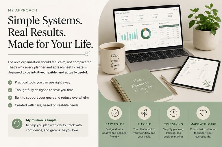 Plan Track Grow graphic with digital dashboards, planner pages, and simple organization benefits.