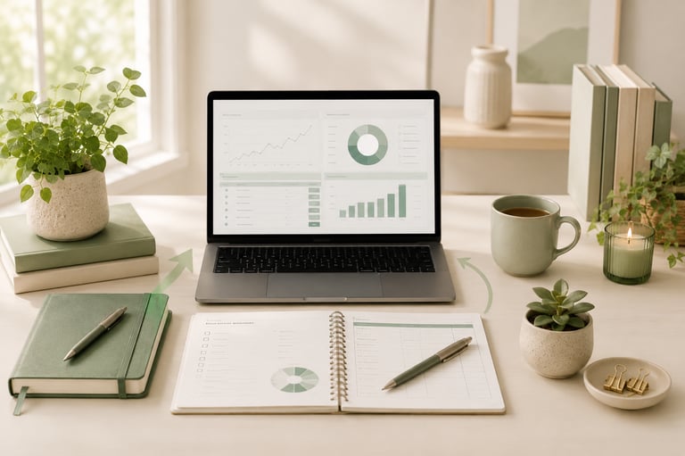 Workspace showing laptop dashboard, planner pages, and arrows for the Plan Track Grow method.