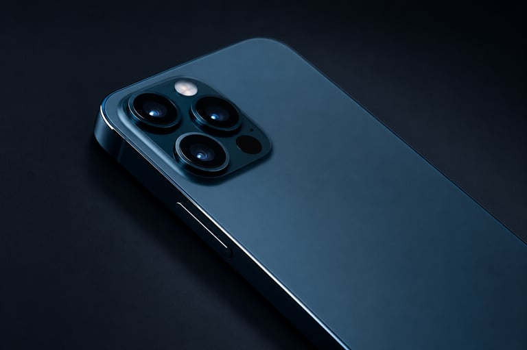 Close-up of a blue smartphone with a triple-lens camera system on a dark background.