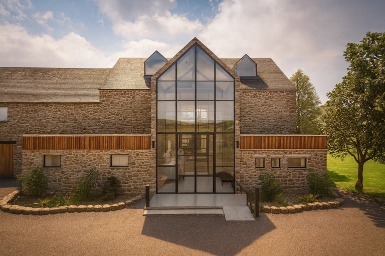 Modern stone barn conversion featuring a large gabled glass entrance and contemporary architecture.