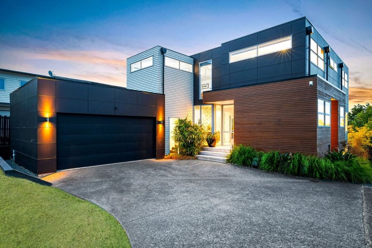 new Modern two storey home, cedar weather board, timber weatherboard, titan panel