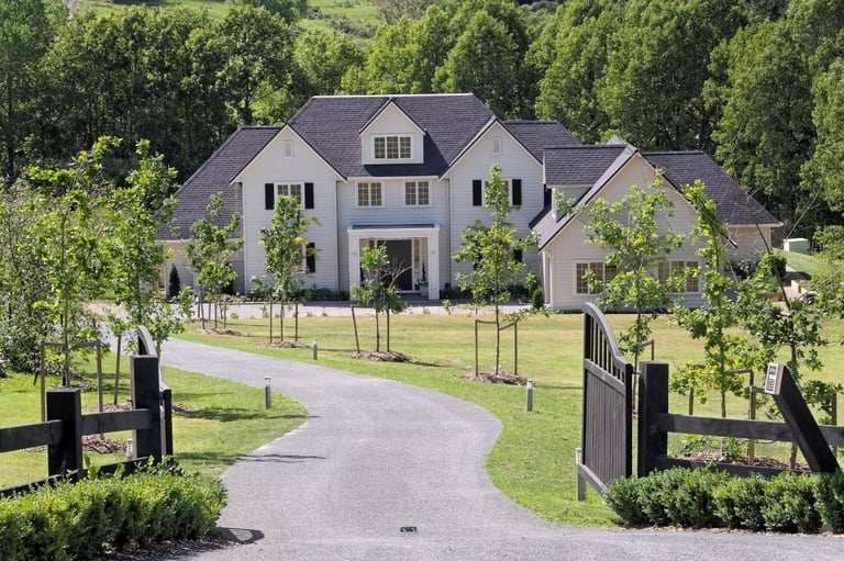 new countryside modern farmhouse, paintede weatherboards, asphalt shingles