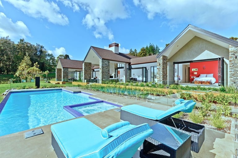 new countryside resort style pavilion home, natural stone, cedar weatherboards, asphalt shingle