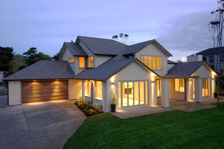 comtempary style plastered brick and timber weather board home, asphalt shingles