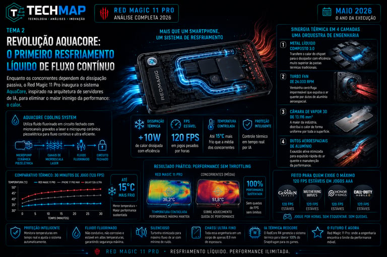 Infographic showing the Red Magic 11 Pro internal cooling system with liquid cooling components and thermal performance