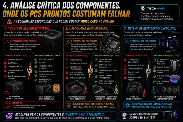 Infographic in Portuguese explaining computer hardware components like PSU, motherboard, and cooling systems for PC building.
