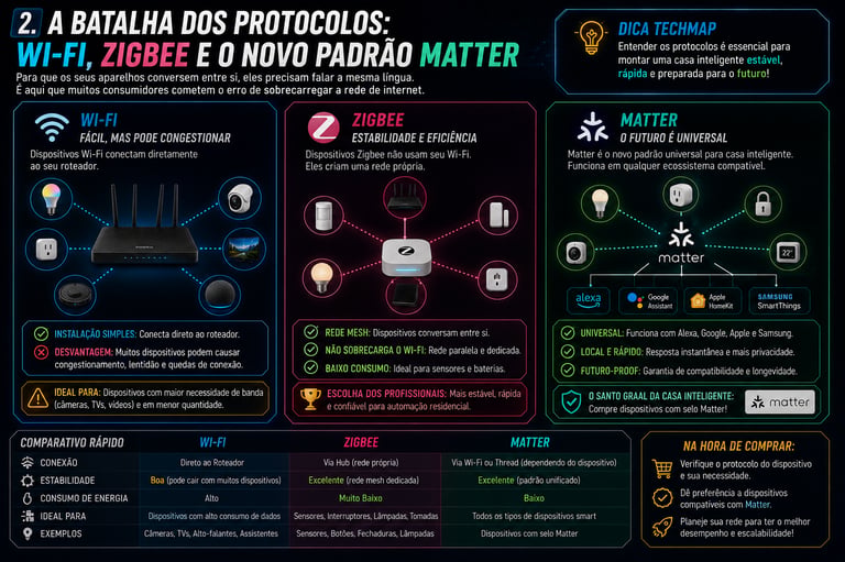 Infographic comparing Wi-Fi, Zigbee, and Matter smart home protocols for home automation systems.