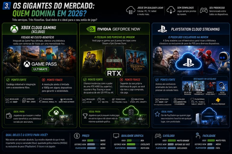 Infographic comparing Xbox Cloud Gaming, NVIDIA GeForce NOW, and PlayStation Cloud Streaming services.