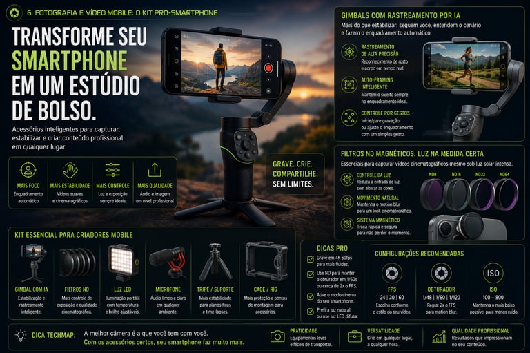 Infographic showing a professional mobile content creator kit with a smartphone gimbal, ND filters, and LED light.