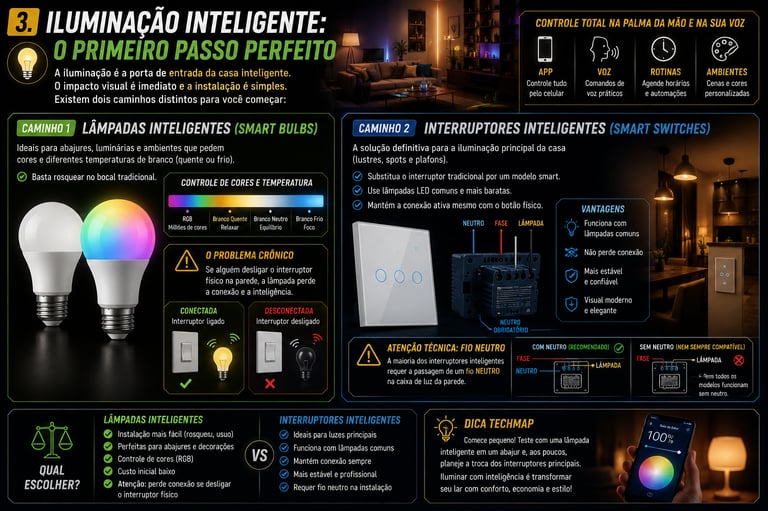 Infográfico sobre iluminação inteligente comparando lâmpadas smart coloridas e interruptores inteligentes Wi-Fi para