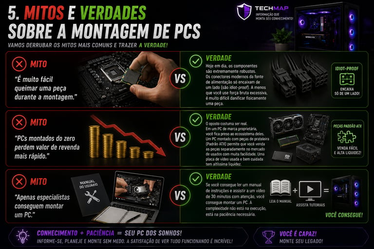 Infográfico sobre mitos e verdades da montagem de PCs com dicas para montar seu computador gamer.