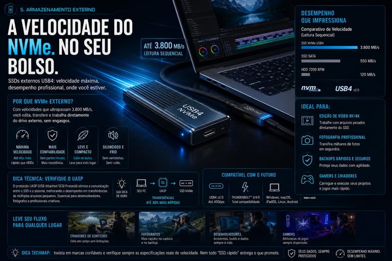 Portable NVMe USB4 external SSD drive shown next to a laptop with performance charts and technical specifications.