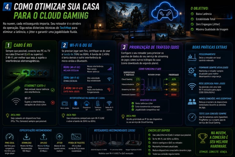 Infographic in Portuguese explaining how to optimize home networks for cloud gaming with router settings and ethernet cables.
