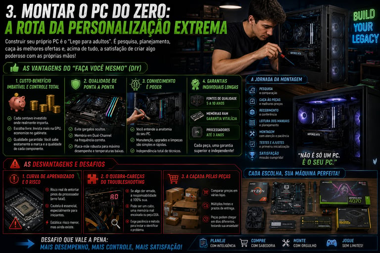 Infographic in Portuguese about building a custom gaming PC with hardware components and assembly tips.