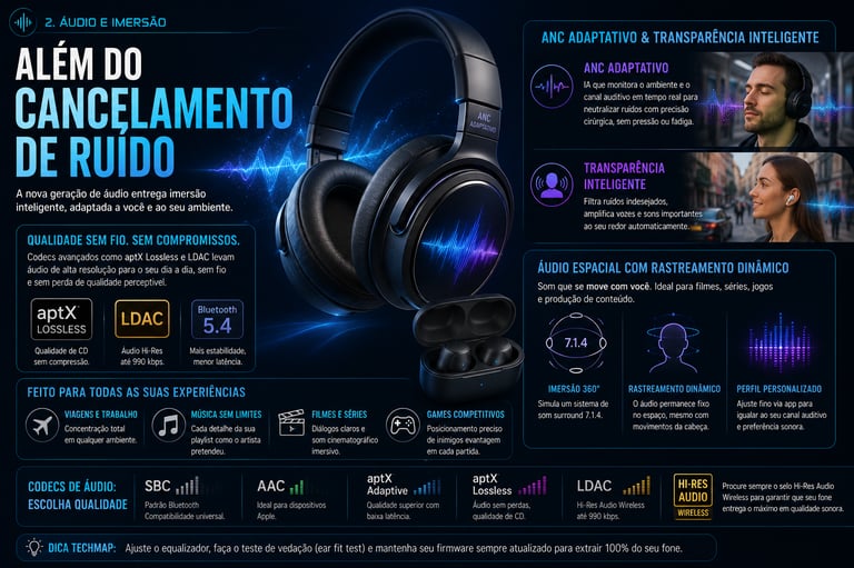 Infographic in Portuguese highlighting noise cancelling wireless headphones features like aptX Lossless and spatial audio.