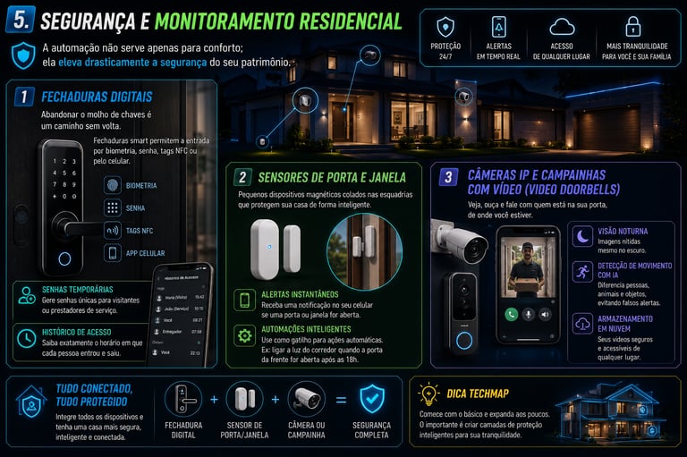 Infográfico sobre segurança residencial inteligente com fechaduras digitais, sensores de porta e câmeras de monitoramento.