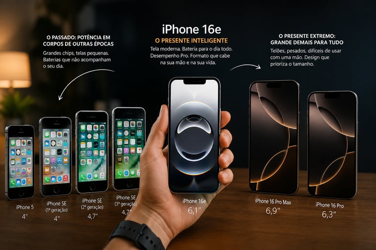 Evolution of iPhone sizes comparison featuring iPhone 5, SE, 16e, and 16 Pro models on a wooden table.