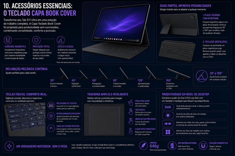 Infographic showing the Samsung Galaxy Tab S11 Ultra Book Cover Keyboard features like a detachable magnetic design and
