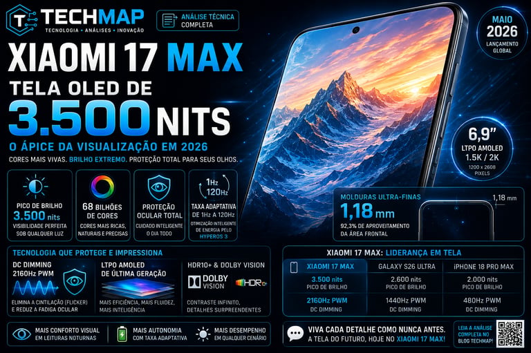 Xiaomi 17 Max smartphone promotional graphic featuring a 3,500 nits OLED screen with LTPO AMOLED display technology.