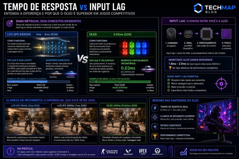 Infographic comparing response time and input lag between LCD and OLED gaming monitors with performance charts.