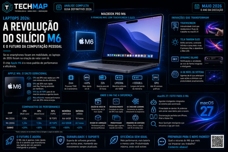 Infographic showing Apple Silicon M6 chip features for 2026 MacBook Pro including OLED touchscreen and macOS 27 specs.