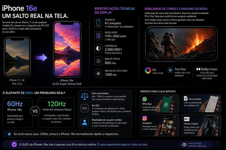 Infographic showing iPhone 16e technical specifications featuring its 6.1-inch OLED Super Retina XDR display and 60Hz